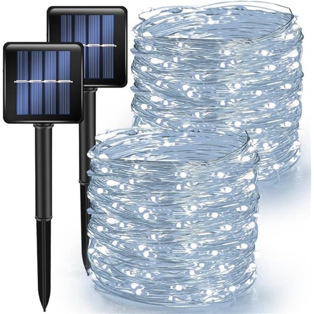 White Solar String Lights Outdoor, 39.4 FT 120 LED Solar Powered 8 Modes, 2 Pack